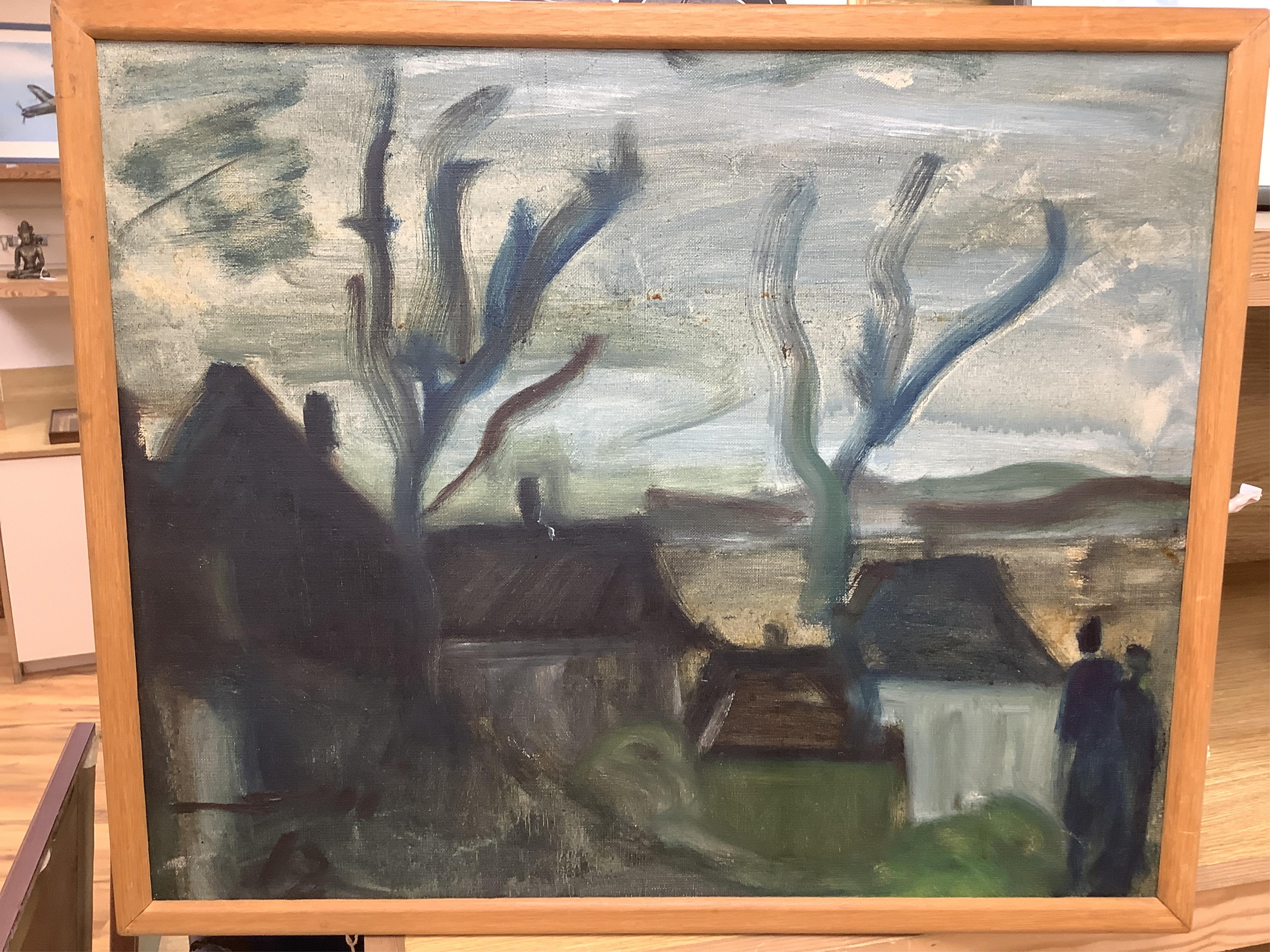 20th century, Figures before a landscape, inscribed verso, oil on canvas, together with an abstract oil on board, possibly by the same hand, largest 42 x 53cm